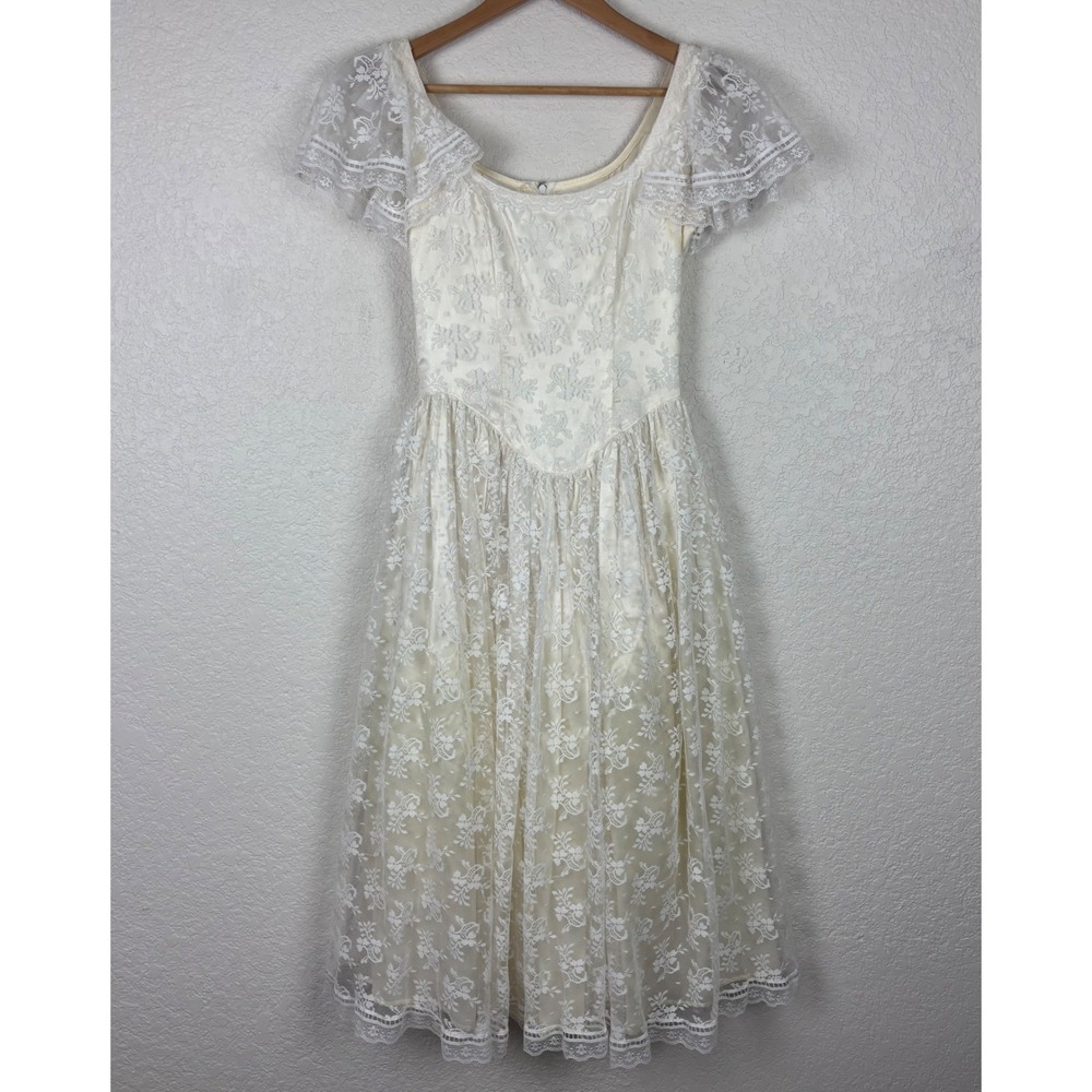 Vintage‎ Gunne Sax Jessica McClintock Ivory Lace Basque Waist Midi Dress Size 3